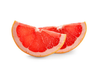 Slices of tasty ripe grapefruit on white background
