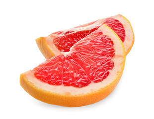 Pieces of tasty ripe grapefruit on white background