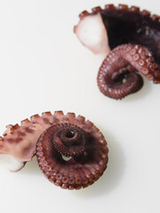 Two parts of a marine pink octopus clam, twisted in a spiral with suction cups and tentacles on a white background. There are no people in the photo. Cooking exotic seafood dishes. Healthy food.