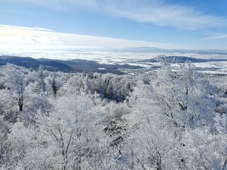 Zimowe, piękne  mroźne pejzaże w okolicy góry Ślęża. Niebieskie niebo i zamarznięte drzewa.