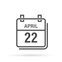 April 22, Calendar icon with shadow. Day, month. Flat vector illustration.