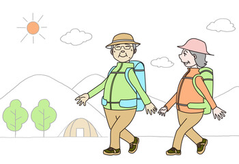 トレッキングする中年、高齢夫婦