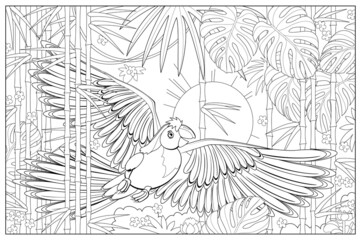 Illustration of parrot flying in jungle forest. Wildlife animals. Image in zen-tangle style. Printable page for drawing and meditation. Coloring book for children and adults. Black and white vector.