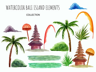 watercolor set of summer bali island element