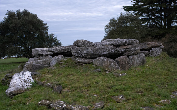 Pornic, France - March 1, 2022:  The Dolmen of Joseliere, also called Dolmen du Pissot, is a megalithic set, located in Pornic. Atlantic coast. Selective focus.