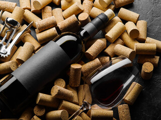 On the wine corks is a bottle of collection wine and a glass. There are no people in the photo....