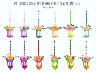Fototapeta na wymiar watercolor set of lantern with flower arrangement