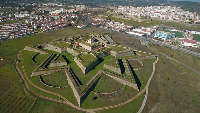 Aerial drone view of Fort Nossa Senhora da Graca in Elvas on top of Monte da Graca Portugal. UNESCO world heritage in Alentejo