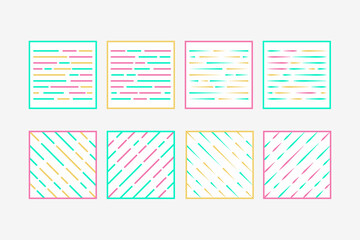 Vector parallel diagonal and horizontal overlapping two colored broken lines background or pattern set