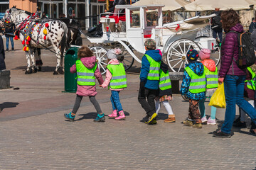 A group of small children dressed in spring clothes and putting off yellow reflective safety vests so they can be easily seen by drivers. Children safely walk the streets of the city