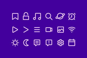 Set of minimal web icons for Ui design. Light elements on purple dark background. User experience isolated vector elements. Collection of 18 Web design icons. 