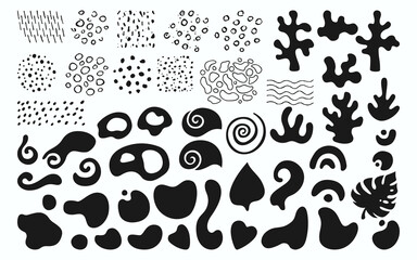 Abstract shape doodle silhouette objects set. Hand drawn ink stamp design element with organic form. Modern trendy scribble shapes collage with wave, spot stain printing collection. Isolated vector