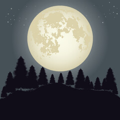 Full moon, a large full luminous moon against the backdrop of a dark night forest. Vector illustration.