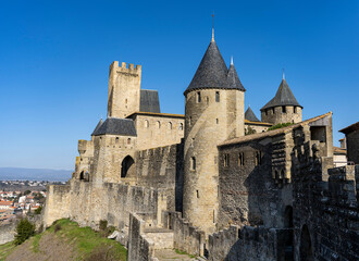 Close-up view of the fortified city. Carcassonne, France.