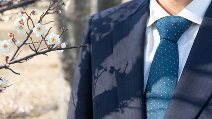 白梅のとスーツ姿の男性｜卒業・新卒・入社イメージ