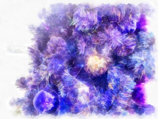 Purple Christmas tree decorated with purple and gold balls watercolor style illustration impressionist painting.