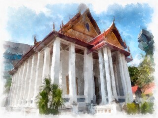 Fototapeta na wymiar ancient Thai architecture building watercolor style illustration impressionist painting.