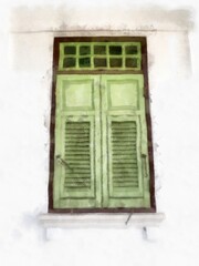 Fototapeta na wymiar light green antique wooden door european art architecture watercolor style illustration impressionist painting.