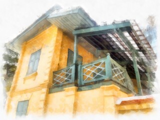 The ancient yellow building of European architecture has wooden doors and windows watercolor style illustration impressionist painting.