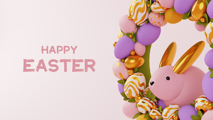 3D Holiday background Happy Easter. Easter wreath with eggs and bunny on light pink background. Banner, web poster, flyer cover, stylish brochure, greeting card.