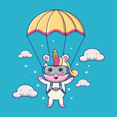 Obraz na płótnie Canvas cute unicorn skydiving, suitable for children's books, birthday cards, valentine's day, stickers, book covers, greeting cards, printing. 
