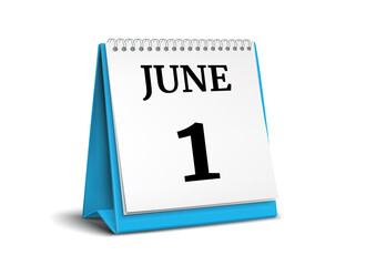 Calendar on white background. 1 June. 3D illustration.