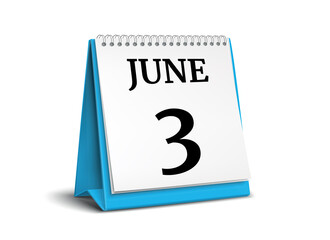 Calendar on white background. 3 June. 3D illustration.