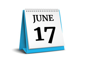 Calendar on white background. 17 June. 3D illustration.