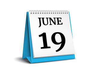 Calendar on white background. 19 June. 3D illustration.