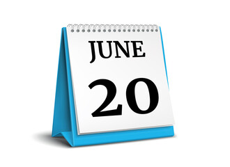 Calendar on white background. 20 June. 3D illustration.