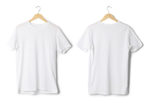 White T Shirt Mockup Hanging Isolated On White Background With Clipping Path.