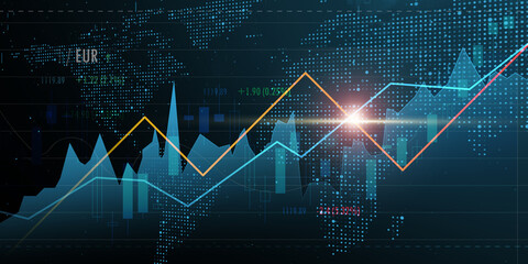 Financial stock market trading price chart graph information data statistics analysis, finance and investment on world economic business companies stock trends and development, banner background
