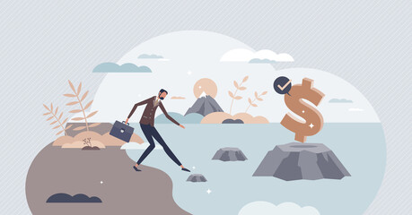 Risk management as possible profit and danger evaluation tiny person concept. Finance or earnings collection risk and future financial benefits assessment vector illustration. Business strategy path.