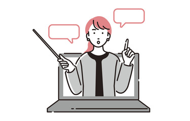 オンラインで指し棒を持ち説明するビジネスパーソン女性