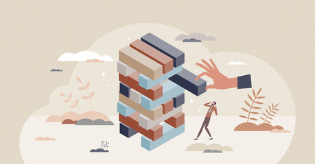 Risk management and financial business danger evaluation tiny person concept. Warn businessman about company economical crisis impact after evaluation and performance analysis vector illustration.