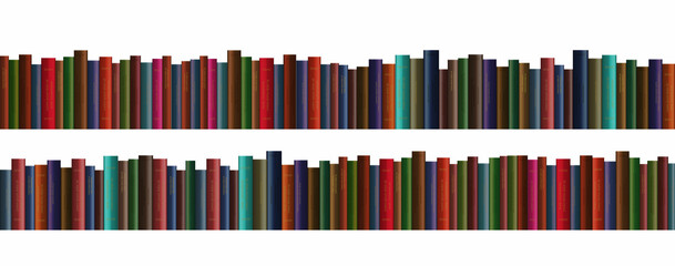 3d realistic vector books row in different colors. Isolated on white background.