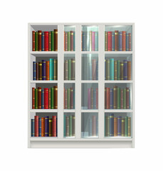 3d realistic vector icon. White cupboard with glass dors and books inside.