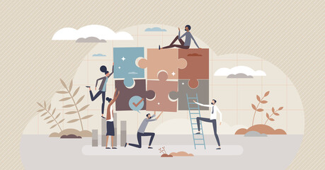 Teamwork puzzle and work collaboration with partnership tiny person concept. Jigsaw pieces match and assemble as business problem solution symbol vector illustration. Together solving work problem. - obrazy, fototapety, plakaty