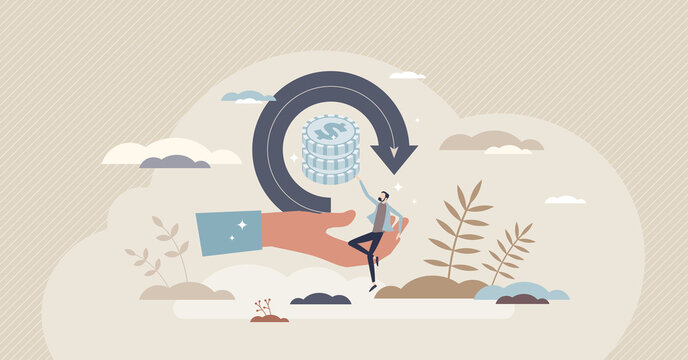 Refunds as cashback or receive money back after spending tiny person concept. Financial fee return and economical interest collection vector illustration. Benefits and bonus after credit card purchase