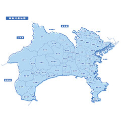 神奈川県地図 シンプル淡青 市区町村