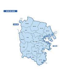横浜市地図 シンプル淡青 市区町村