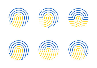 Fingerprint icon editable stroke with Ukraine flag pattern color, technology identity data concept, flat design illustration isolated on white background with copy space, vector eps 10