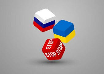3D isometric bet Dice with Ukraine and Russia flag pattern, Pray Peace and Stop war crisis concept design illustration isolated on grey gradients background with copy space, vector eps 10 - 493555992