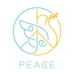 Logo Peace dove with olive branch editable stroke blue and orange color, Peaceful Pray and Stop war concept, minimal flat design illustration isolated on white background with copy space, vector
