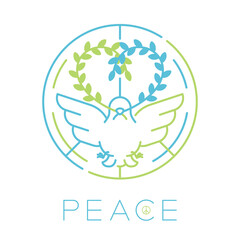 Logo Peace dove with olive branch editable stroke blue and green color, Peaceful Pray and Stop war concept, minimal flat design illustration isolated on white background with copy space, vector