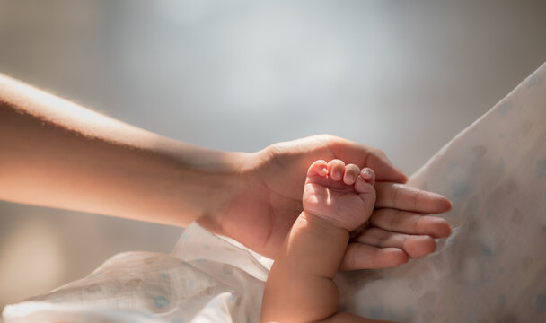 Close up mother's hand holding newborn baby hand with love and care in the morning sunlight