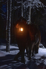 Naklejka premium Icelandic horse and rider walking on the path with a lantern.
