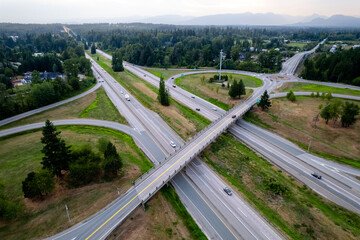 View from above of an interchange of Highway 1, Canada's longest Highway. British Columbia, Canada.