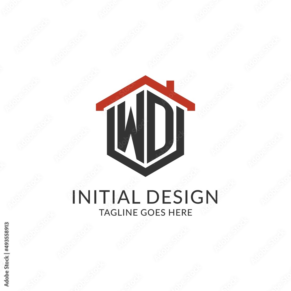 Wall mural Initial logo WD monogram with home roof hexagon shape design, simple and minimal real estate logo design - Wall murals