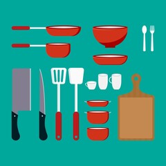 Kitchen Utensil Set Elements Vector Illustration, Simple Kitchen Design Concept